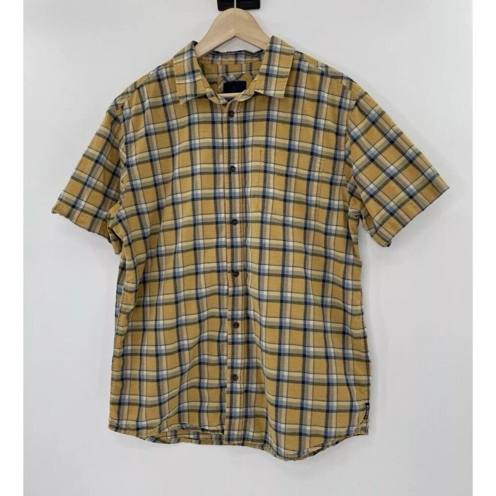 prAna Men’s yellow Plaid Print Button Up Short Sleeve Shirt Sz Large Gorpcore